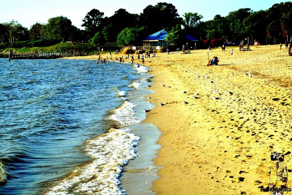 A beach with a sandy shore, a water body, and a few people.