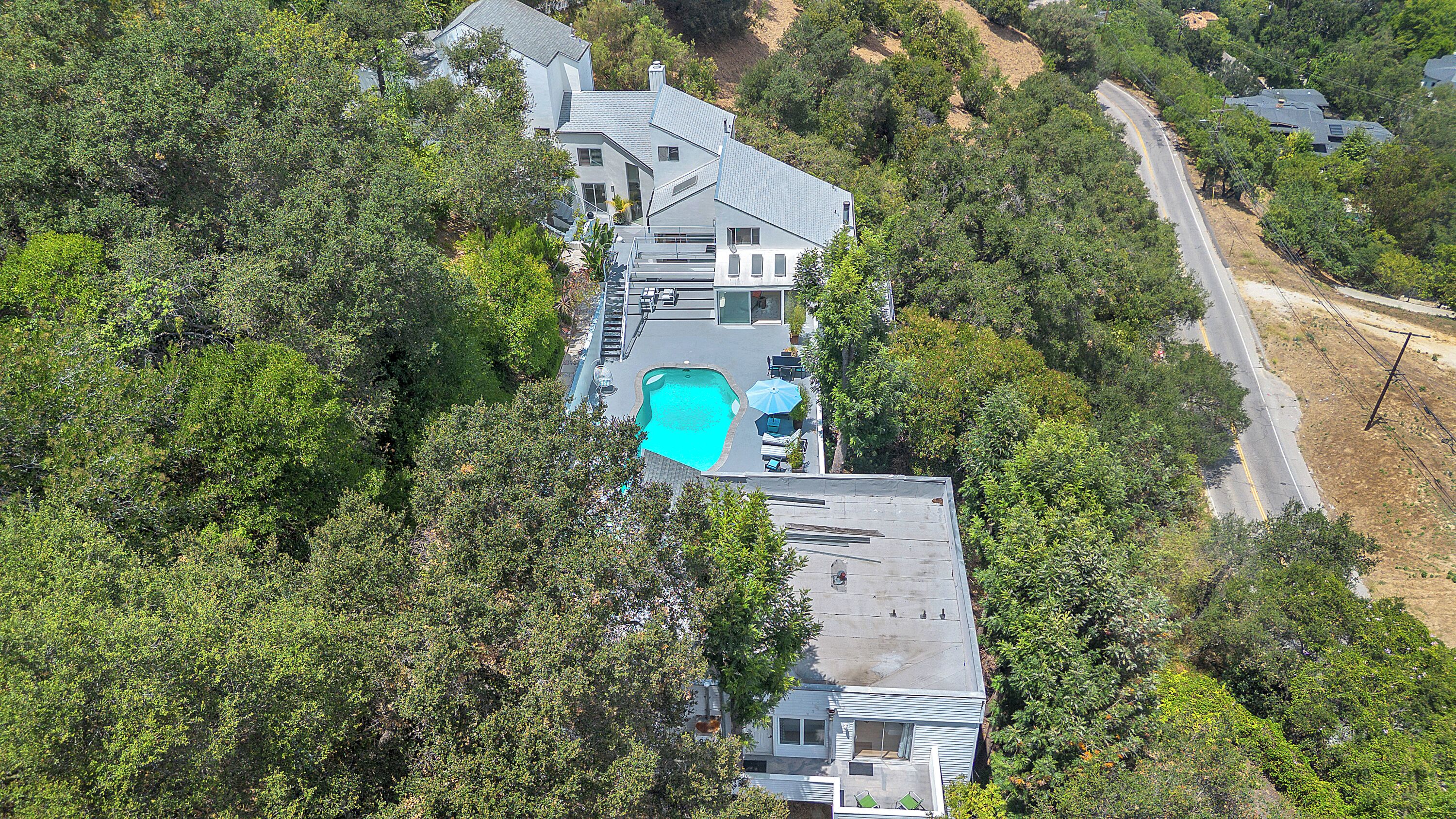 A large house with a swimming pool, surrounded by dense greenery and a curved road.