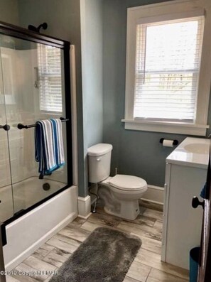 Combined shower/tub, hair dryer, towels, shampoo