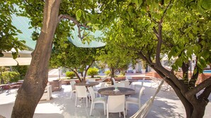 Eine Terrasse im Freien mit weißen Stühlen und Tischen, umgeben von Bäumen und Pflanzen.