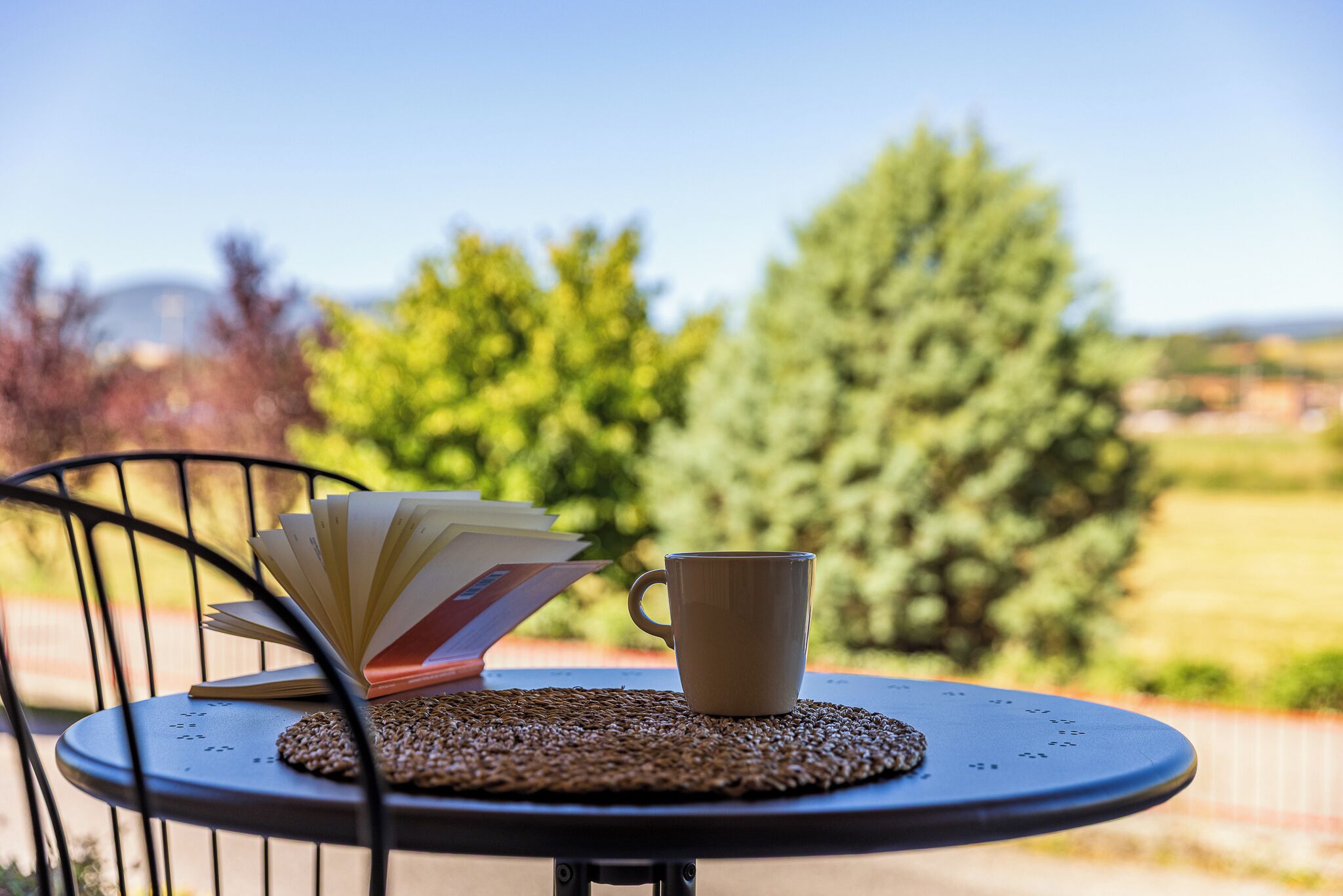 A table with a cup and an open book on a woven placemat, outdoors with trees in the background.