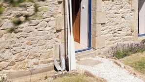 A stone building with a wooden door and blue trim, surrounded by vegetation. - Ty Glaz Lilia (Plouguerneau)