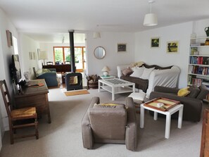 TV, fireplace, DVD player, video library