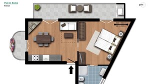 Ein Apartment mit Küche, Essbereich, zwei Schlafzimmern und Bad.
