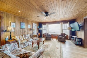 TV, fireplace, DVD player, books