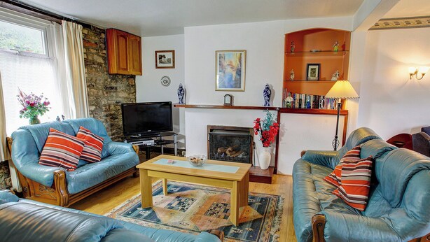 A living room with leather sofas, a television, a fireplace, and a bookshelf. - 5 bedroom accommodation in East Ogwell, near Newton Abbot (East Ogwell, near Newton Abbot)