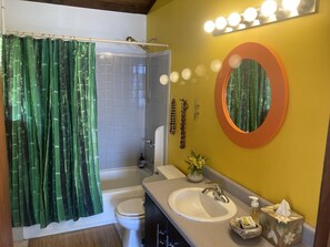 Combined shower/tub, hair dryer, towels, soap