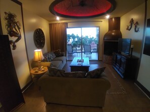 Smart TV, fireplace, books