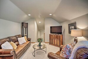 TV, fireplace, books