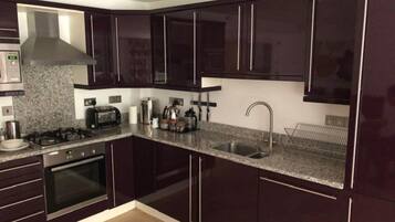 A modern kitchen with dark cabinets, a granite countertop, a gas stove, a built-in oven, a stainless steel sink, and a range hood.