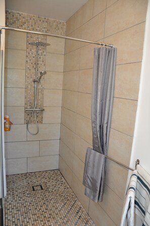 Dusche, Haartrockner, Handtücher, Seife