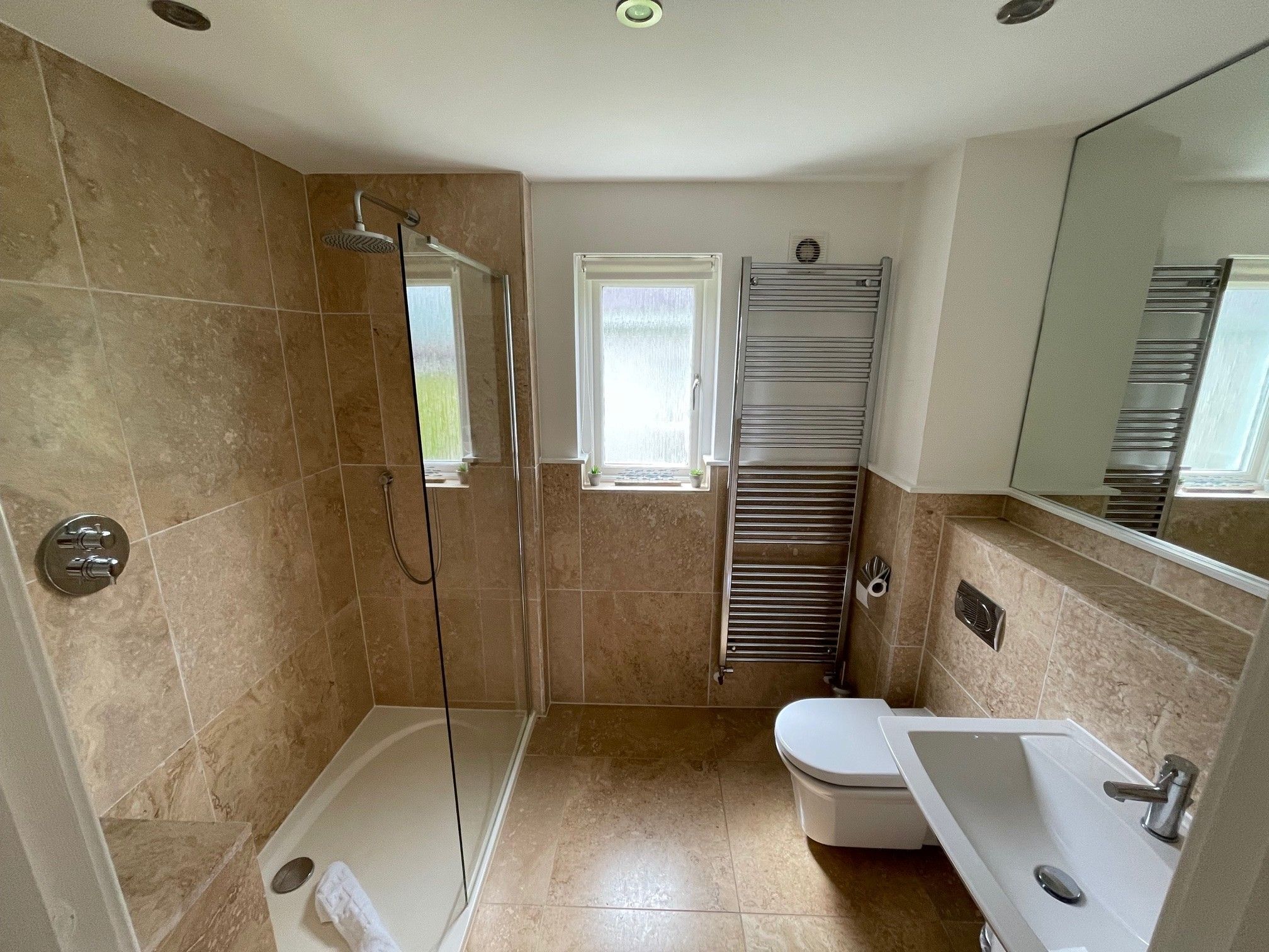 A modern bathroom with a walk-in shower, a toilet, and a sink.