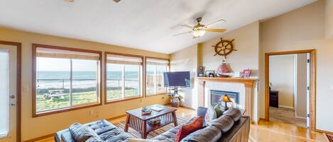 TV, fireplace, DVD player, books