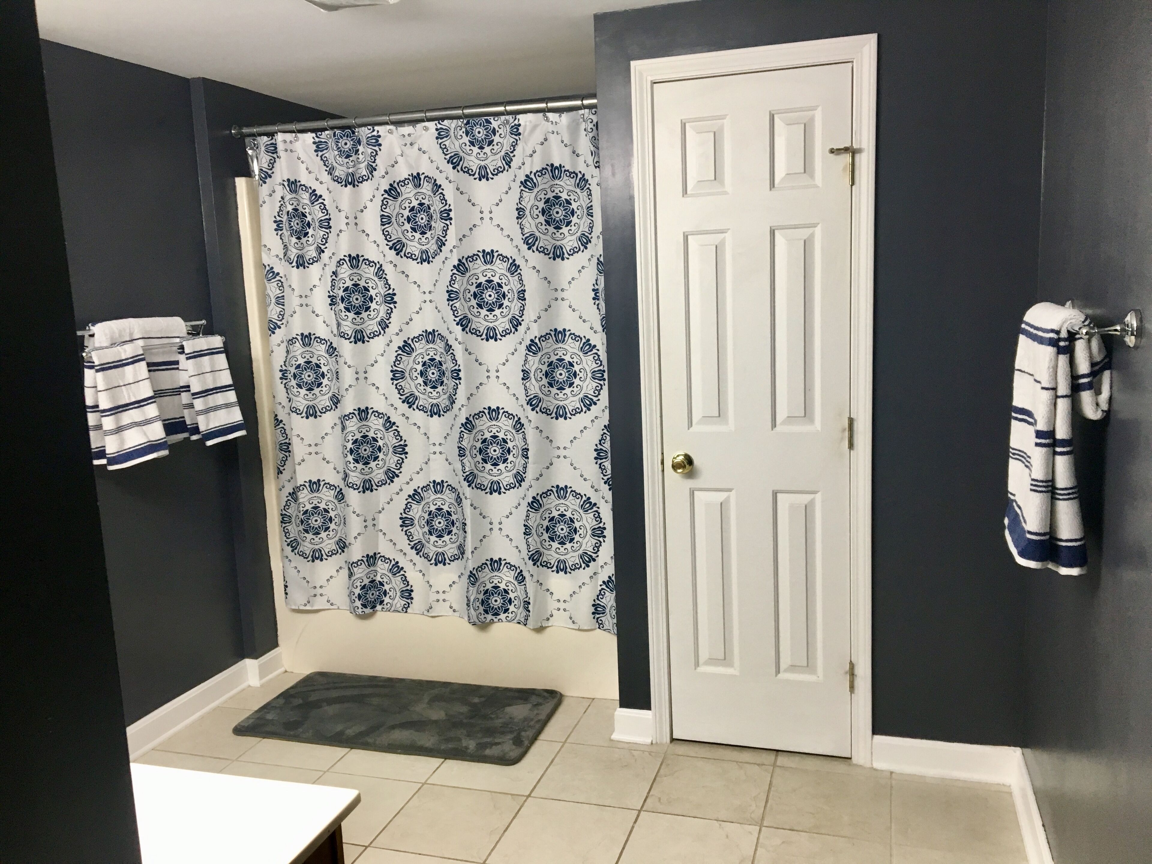 Une salle de bain avec un mur de couleur sombre, une porte blanche, un rideau de douche à motifs et un porte-serviettes avec des serviettes.