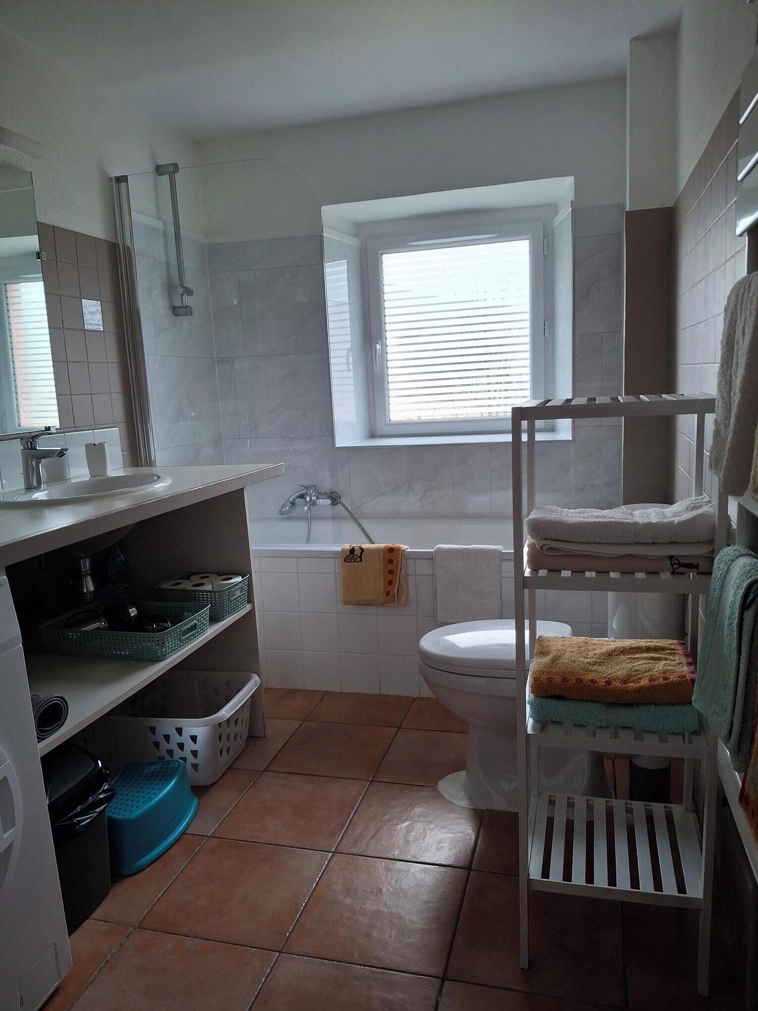 Een badkamer met toilet, wastafel, raam en een plank met handdoeken.