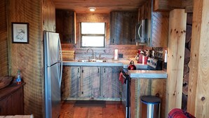 Una cocina compacta con paredes de madera, un refrigerador, un lavamanos y una tetera.