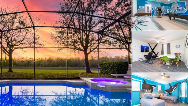 Un hôtel moderne doté d’une piscine, d’un espace repas et d’une chambre avec vue.