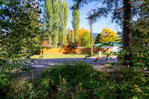 Enjoy a serene view of the well-manicured lawn and surrounding trees from this residential setting.