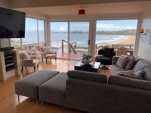 Smart TV, fireplace, DVD player, books