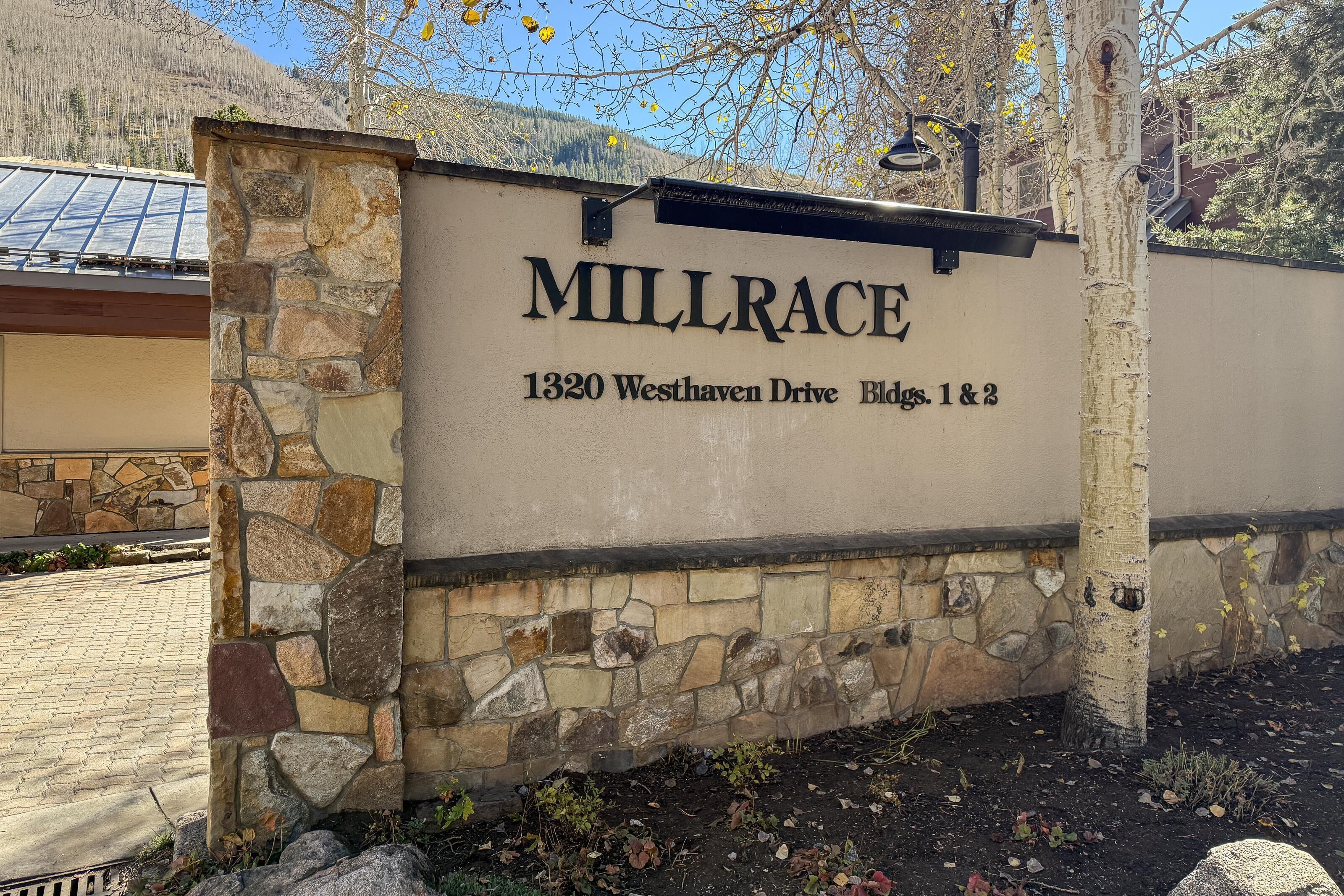 A sign for Millrace at 1320 Westhaven Drive, Bldgs. 1 & 2.