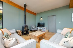 Un salon moderne avec un poêle à bois, un téléviseur et une bibliothèque.