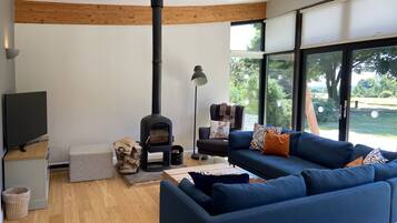 Flat-screen TV, fireplace, DVD player