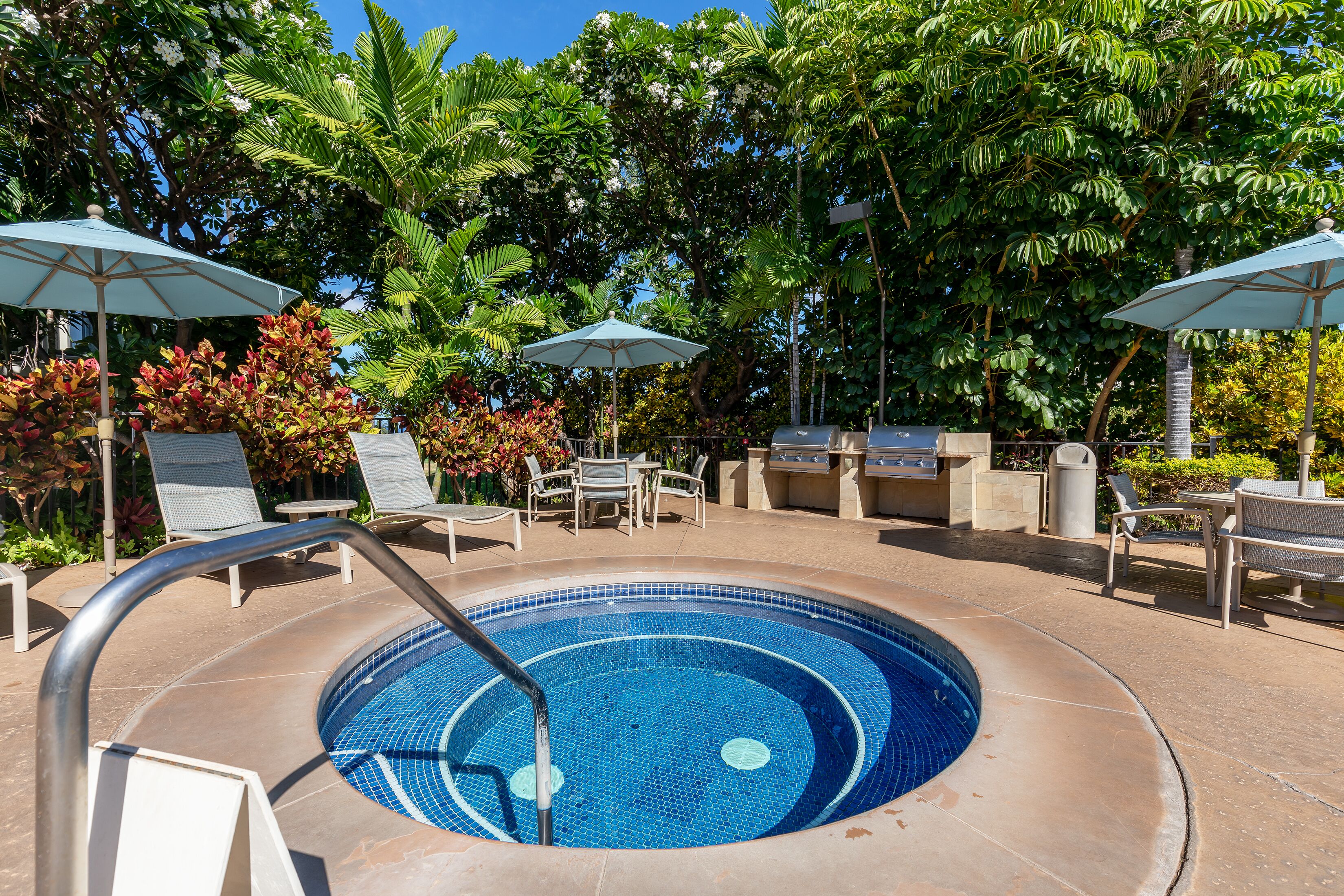 Una piscina circular con una escalera metálica, rodeada de sillones de descanso y sombrillas, ubicada en un jardín tropical con diversas plantas y árboles.