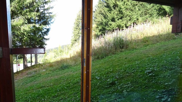 A room with a large window overlooking a grassy area with trees.