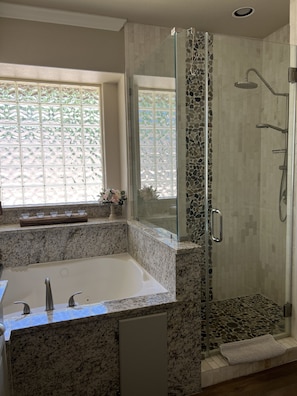 Combined shower/tub, jetted tub, hair dryer, towels