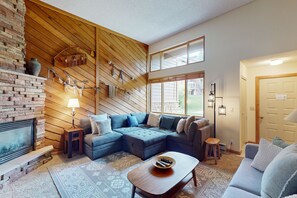 Televisio, takka, DVD-soitin, kirjoja