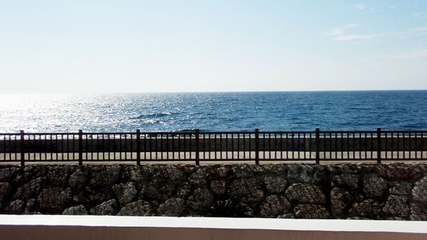 A coastal view with a stone wall and a metal railing in the foreground. - Lagoon Palace (Kadena)