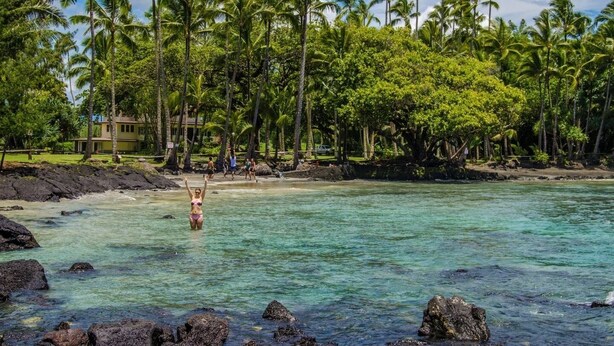 A tropical beach with clear water, palm trees, and a person in a bikini. - Treehouse Vibe Near Hilo & Volcano w/ AC, BBQ, W&D & Ocean Cliffs - Keaau (Keaau)