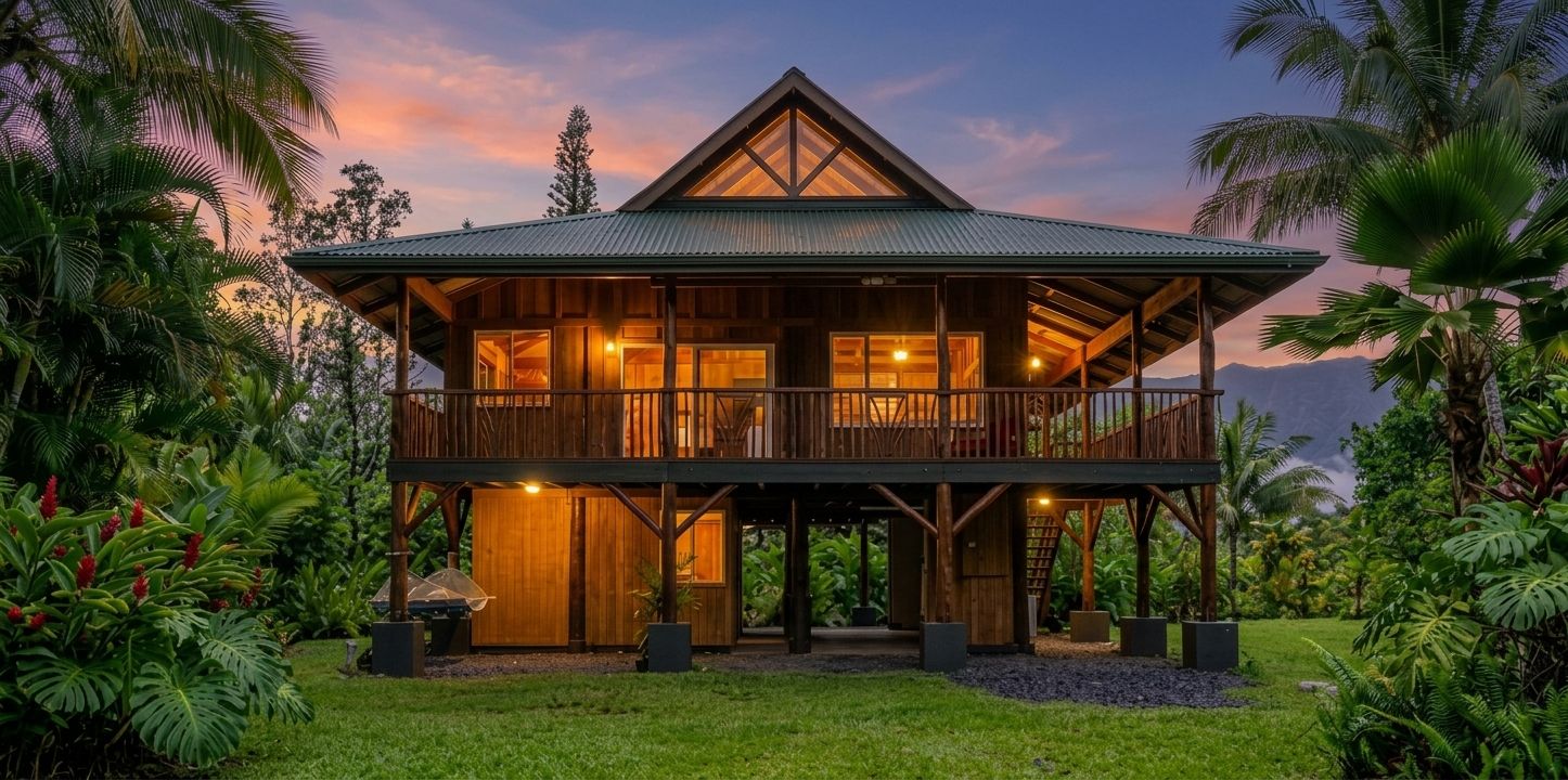 A two-story wooden house with a balcony, surrounded by lush greenery and a mountainous backdrop.