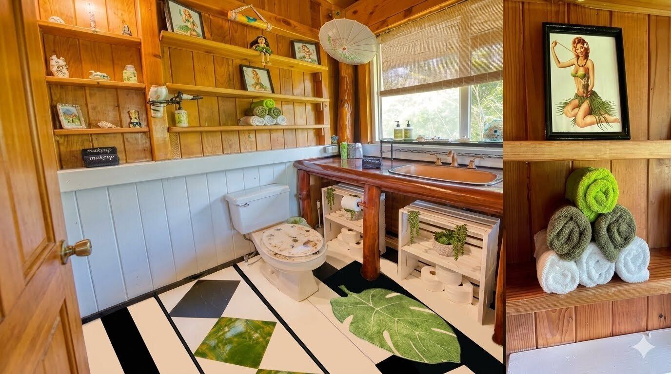 Un baño con estantes de madera, un inodoro, un lavabo y una ventana.