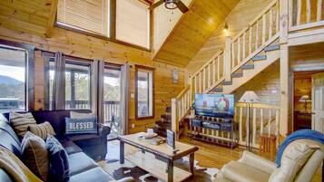 Smart TV, fireplace, foosball