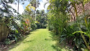 Un jardín exuberante con una variedad de plantas tropicales y un césped bien cuidado.