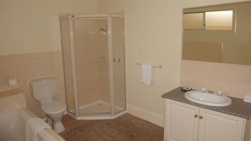 Combined shower/tub, hair dryer, towels