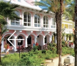 Stunning colonial-style building with arched windows and a central entrance, set amidst lush greenery and palm trees.