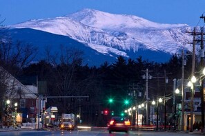 A street with a snow-covered mountain in the background, traffic lights, and buildings with visible signage.