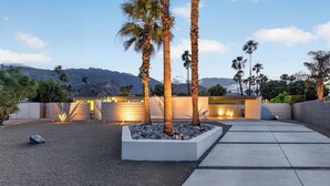 Ein modernes Haus mit Beton-Terrasse, Palmen und Garage.