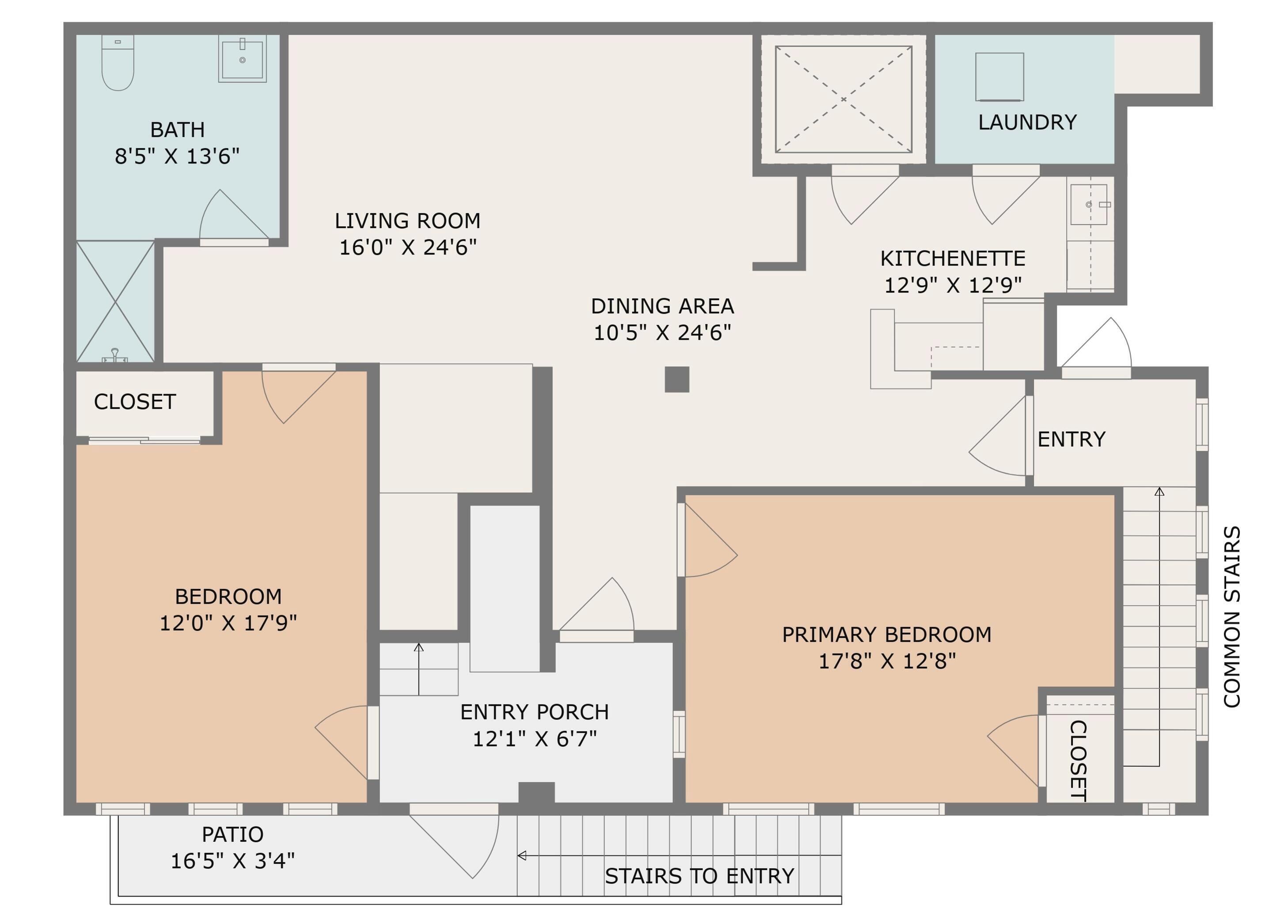 A floor plan of a house with a bedroom, living room, dining area, kitchenette, entry, closet, entry porch, patio, stairs to entry, and a bathroom.