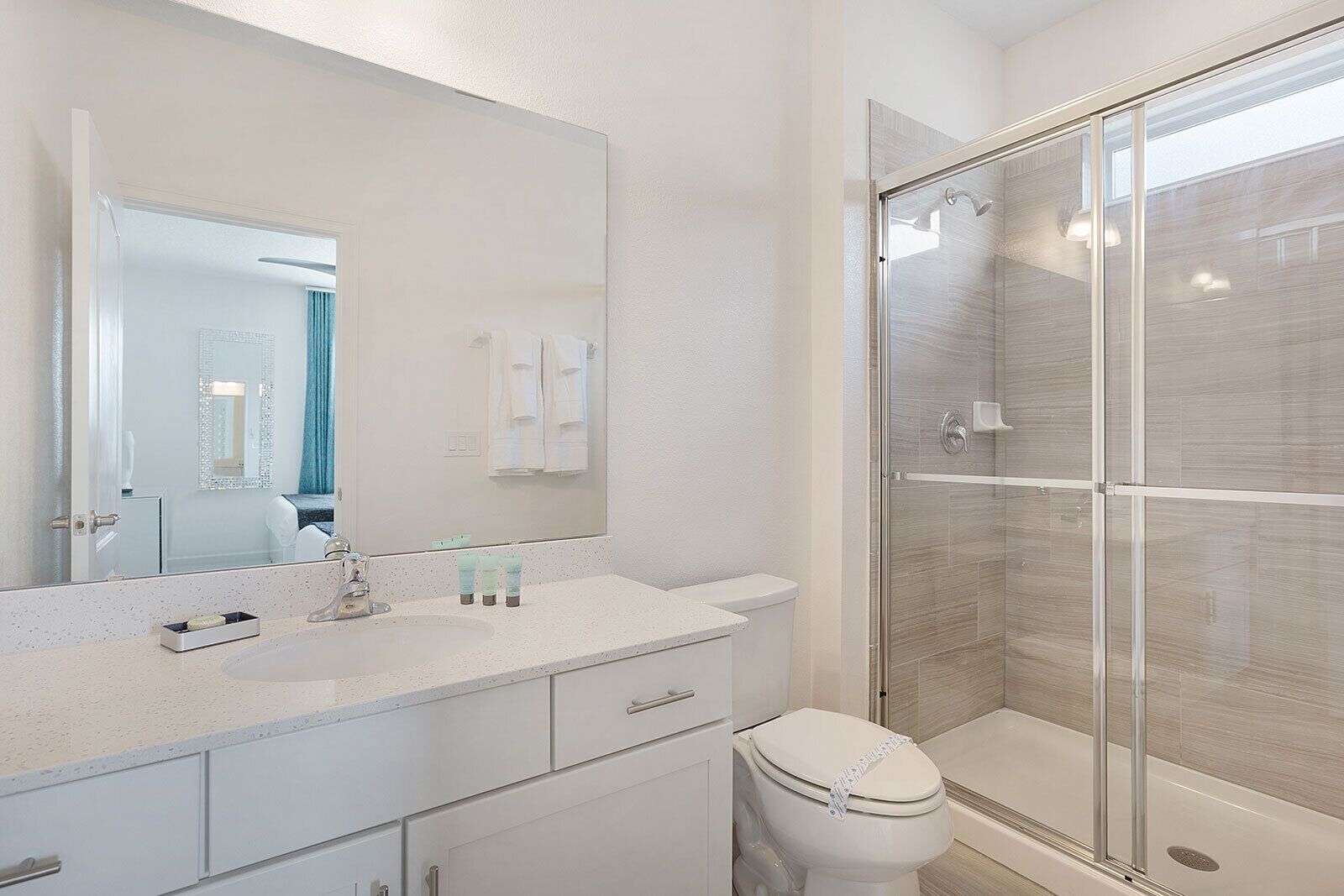 A modern bathroom with a glass shower enclosure, a white sink with a mirror, and a toilet.