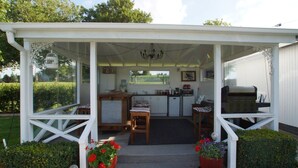 A covered outdoor kitchen area with a dining table, chairs, and a grill.