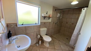 A bathroom with a sink, toilet, shower, and a window.