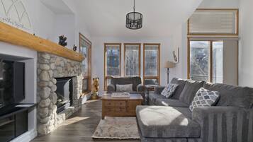 Una televisión, una chimenea, un reproductor de DVD, una videoteca