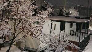 Paisaje nevado con una casa pequeña y un árbol en primer plano.