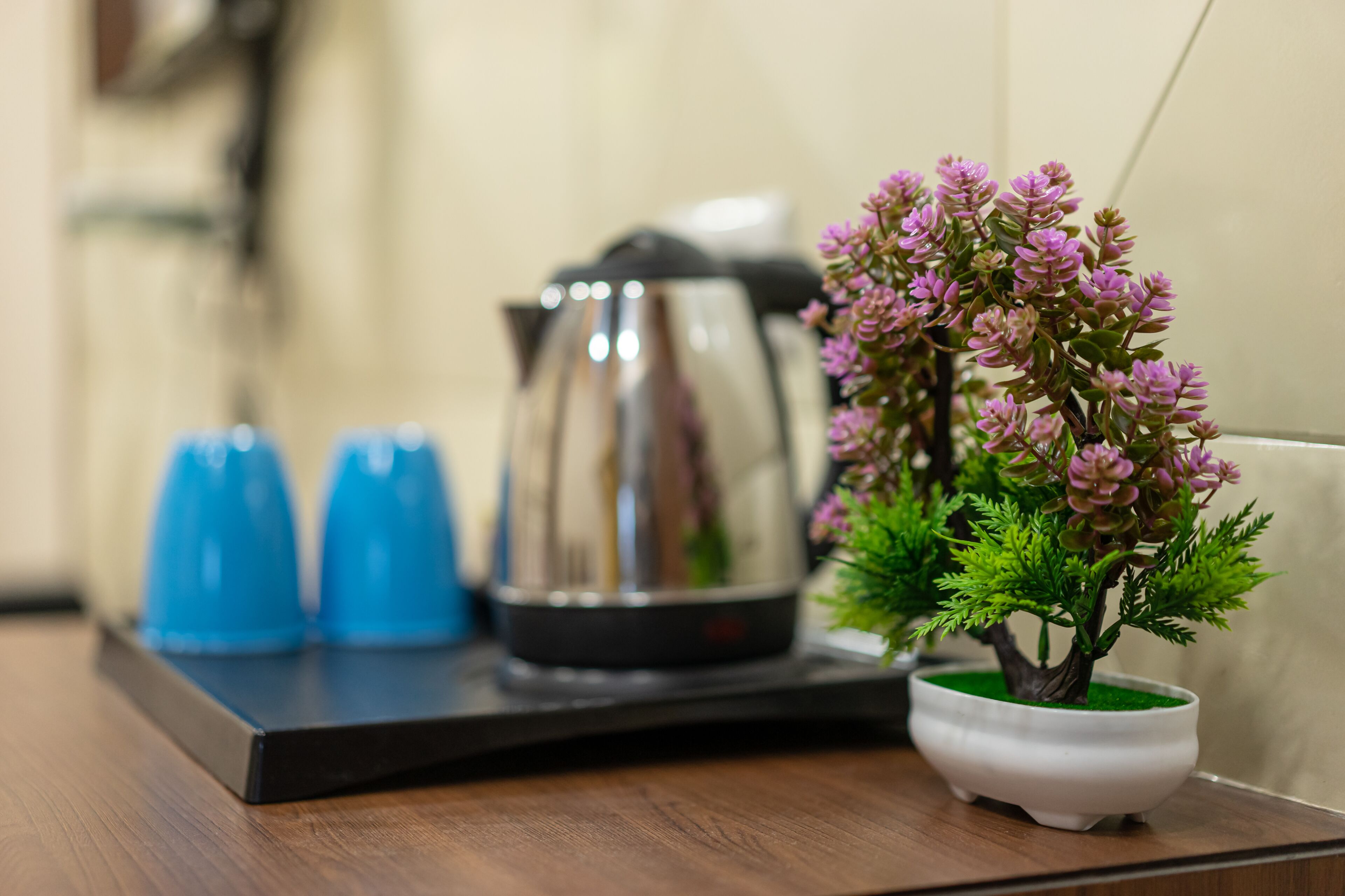 A table with a small potted plant, a kettle, and two blue cups.