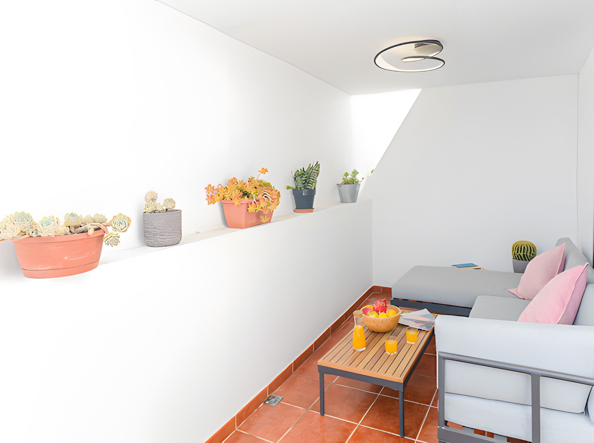 A modern living space with a sofa, a coffee table, and a variety of potted plants on a wall shelf.