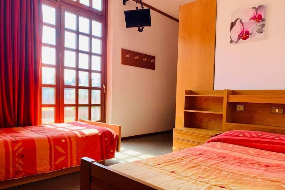 A bedroom with two single beds, a wooden headboard, a TV mounted on the wall, and a window with red curtains.