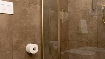 A modern bathroom with a glass-enclosed shower, a toilet, and a towel rack.